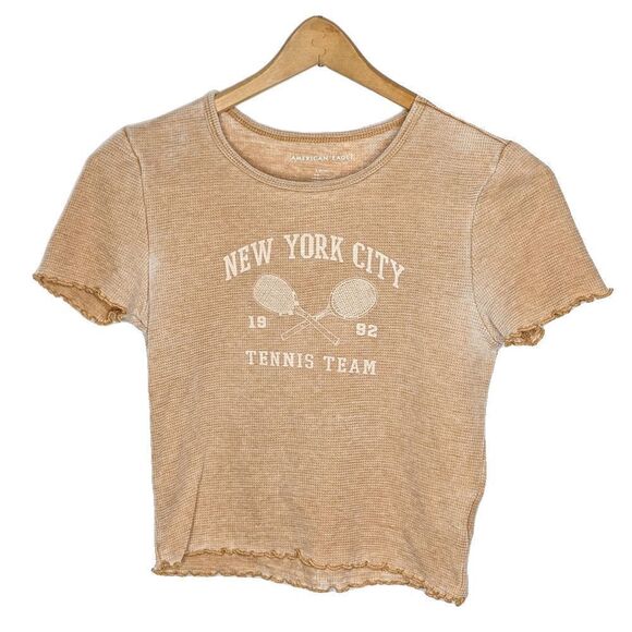 American Eagle Outfitters Crop Top Cap Sleeves Tan Size S - Picture 1 of 8